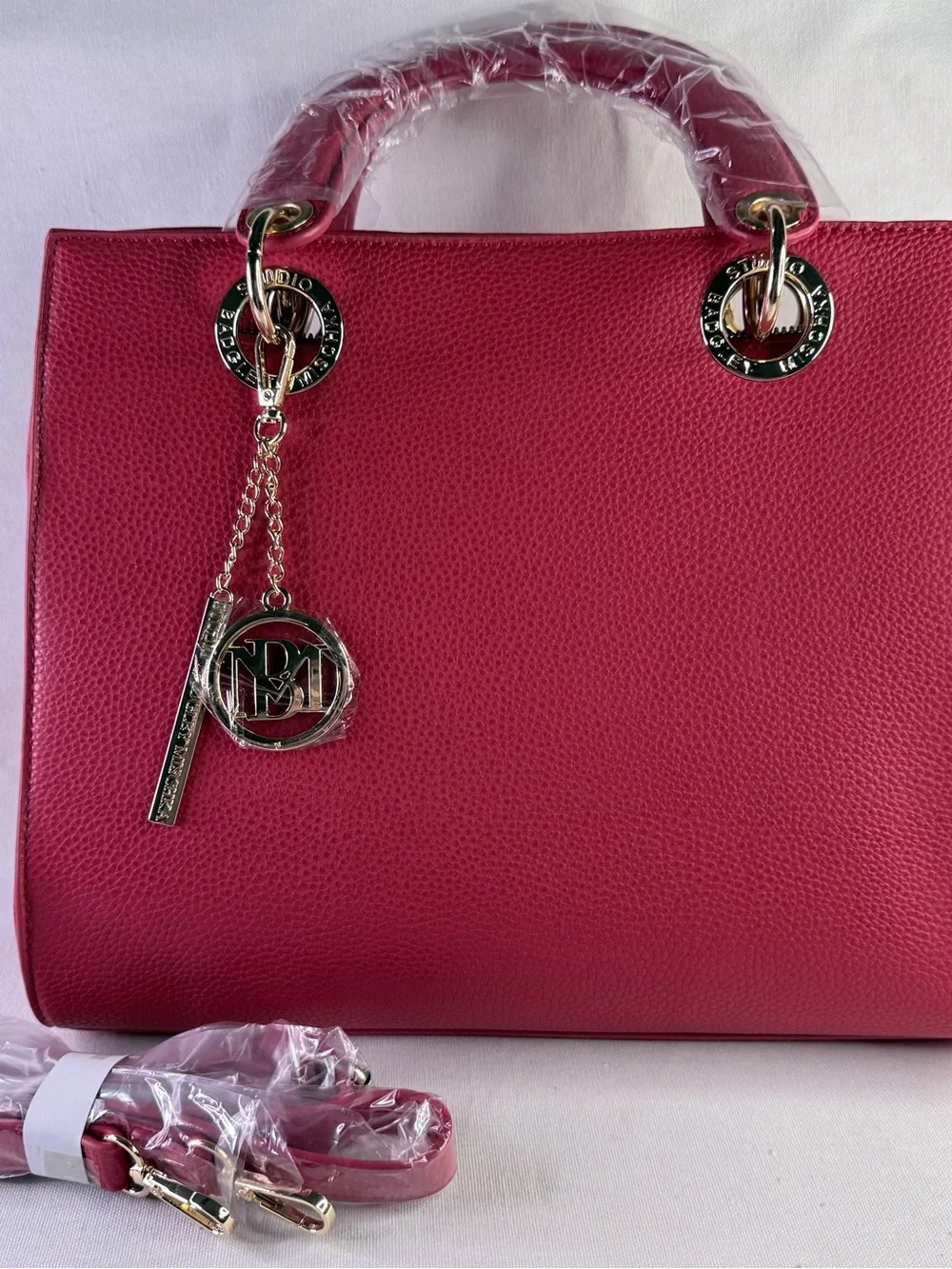 Bradley Mischka Red Satchel Bag with Crossbody/Shoulder Strap and Gold Hardware